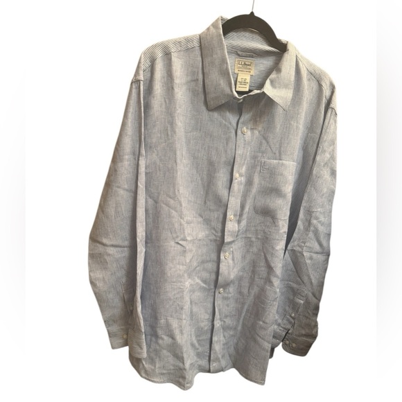 LINEN LANDS END Blue White Stripe Men’s Long Sleeve Button Up Vacation SZ XL EUC - Picture 7 of 13